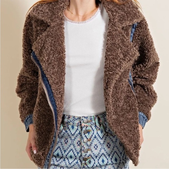 Easel Mocha Asymmetric Zip Lapel Collared Neckline Teddy Fur Denim Sherpa Jacket - Picture 4 of 13